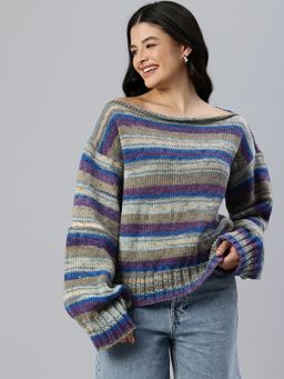 Magic Needles - Women Grey Acrylic Blend Stripes Sweater