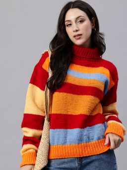 Magic Needles - Women Red Acrylic Blend Stripes Sweater