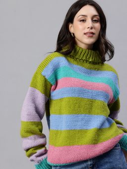 Magic Needles - Women Olive Acrylic Blend Stripes Sweater