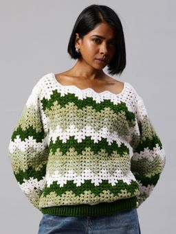 Magic Needles - Women Green Acrylic Blend Self Design Sweater