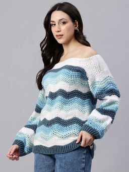 Magic Needles - Women Blue Acrylic Blend Self Design Sweater