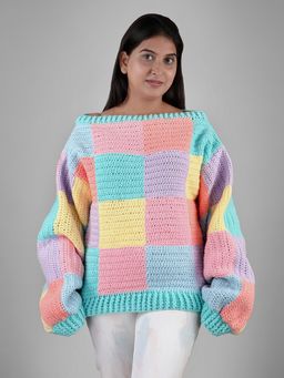 Magic Needles - Women Multi-Color Acrylic Blend Checks Sweater