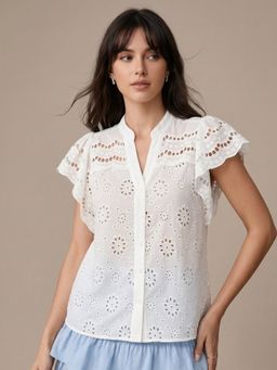 Outzidr - Women White Polyester Embroidered Top