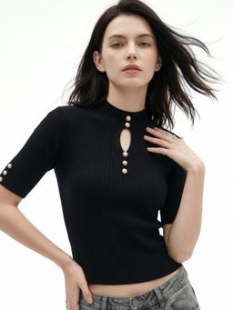 Outzidr - Women Black Polyester Textured Top