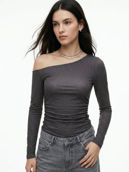 Outzidr - Women Charcoal Polyester Polka Dots Top