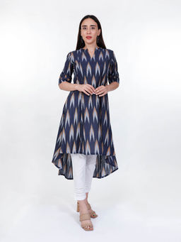 Fabnest - Cotton Handloom Navy Ikat High Low Kurta