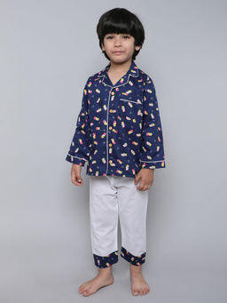 Little Clothings - Boys Printed Full Sleeve Shirt with White Pyjama (Set of 2)