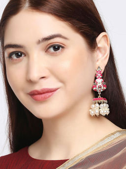 OOMPH - Pink Meenakari & Kundan Floral Jhumka Earrings