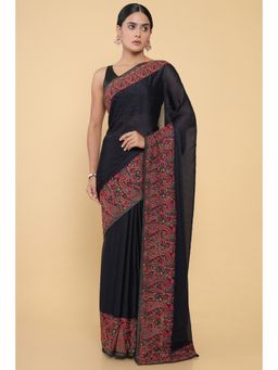 Soch - Women Navy Blue Chiffon Embroidered Saree with Unstitched Blouse