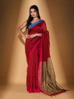Beatitude - Red Blended Cotton Woven Saree with Unstitched Blouse