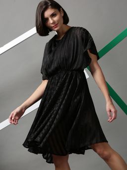 SHOWOFF - Womens Round Neck Self Design Black Knee Length Dress