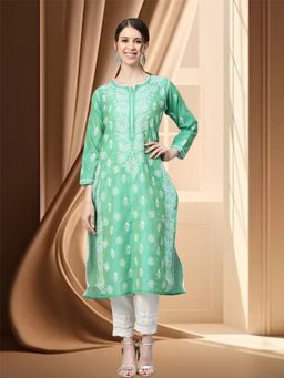 ADA - Hand Embroidered Green Chanderi Lucknow Chikankari Kurta (XS) (A411176)