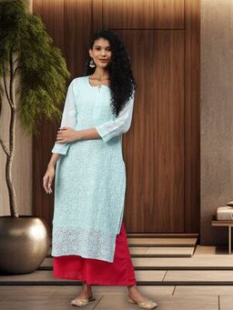 ADA - Hand Embroidered Sea Green Kota Lucknow Chikankari Kurta With Slip (Set of 2) (XS) (A411215)