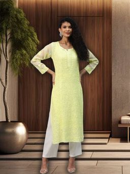 ADA - Hand Embroidered Lime Green Kota Lucknow Chikankari Kurta With Slip (Set of 2) [A411216]