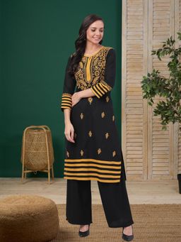 ADA - Embroidered Black Cotton Lucknow Chikankari Kurta (XS) (A149691)