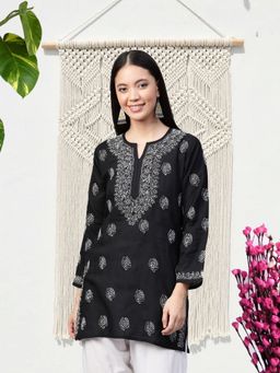 ADA - Embroidered Black Cotton Lucknow Chikankari Kurti (XS) (A210717)