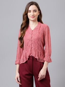 Latin Quarters - Women Rose Pink Self Design Front Button Trendy Top