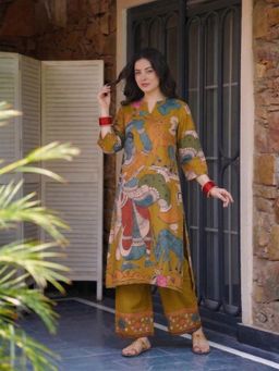 Gahan - Womens Mustard Rayon Blend Printed Straight Kurta with Palazzo