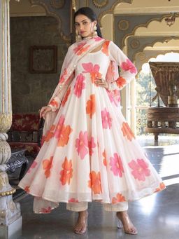 Gahan - Womens White Georgette Printed Anarkali Kurta and Pant with Dupatta