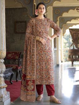 Gahan - Womens Maroon Rayon Blend Printed Straight Kurta and Pant with Dupatta