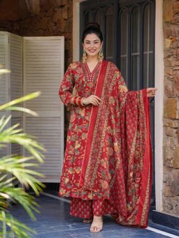 Gahan - Womens Red Rayon Blend Printed Anarkali Kurta and Palazzo With Dupatta