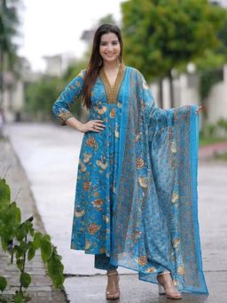 Gahan - Womens Blue Rayon Blend Printed Anarkali Kurta and Pant With Dupatta