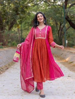 Gahan - Womens Orange Rayon Blend Solid Anarkali Kurta and Pant With Dupatta