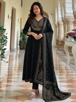 Gahan - Womens Black Rayon Blend Printed Anarkali Kurta and Pant With Dupatta