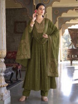 Gahan - Womens Mehandi Rayon Blend Printed Anarkali Kurta and Pant With Dupatta
