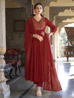 Gahan - Womens Red Rayon Blend Printed Anarkali Kurta and Pant With Dupatta