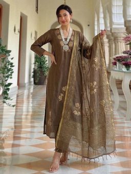 Gahan - Womens Brown Rayon Blend Printed Straight Kurta and Pant With Dupatta