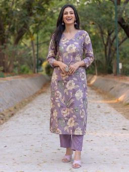 Gahan - Womens Purple Rayon Blend Printed Straight Kurta With Pant