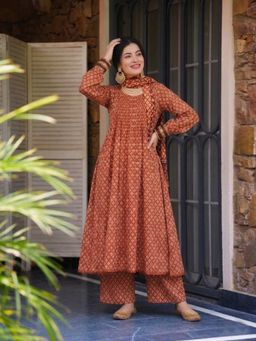 Gahan - Womens Brown Rayon Blend Printed Anarkali Kurta and Palazzo With Dupatta
