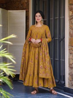 Gahan - Womens Mustard Rayon Blend Printed Anarkali Kurta and Pant With Dupatta
