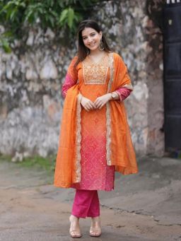 Gahan - Womens Orange Rayon Blend Printed Straight Kurta and Pant With Dupatta