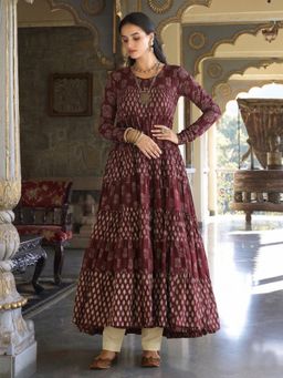 Gahan - Womens Wine Rayon Blend Printed Anarkali Kurta and Pant
