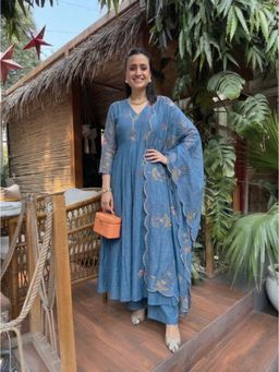 Gahan - Womens Blue Rayon Blend Printed Anarkali Kurta With Palazzo & Dupatta