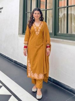 Gahan - Womens Mustard Rayon Blend Printed Straight Kurta and Pant With Dupatta