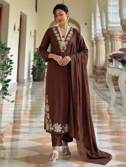 Gahan - Womens Brown Rayon Blend Embroidered Straight Kurta and Pant With Dupatta