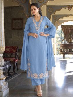 Gahan - Womens Sky Blue Rayon Blend Printed Straight Kurta and Pant With Dupatta