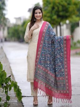 Gahan - Womens Cream Rayon Blend Embroidered Straight Kurta and Pant With Dupatta