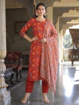 Gahan - Womens Red Rayon Blend Printed Straight Kurta & Pant With Dupatta