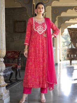Gahan - Womens Pink Rayon Blend Printed Anarkali Kurta and Pant With Dupatta