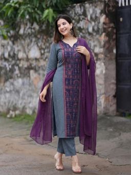 Gahan - Womens Purple Rayon Blend Printed Straight Kurta and Pant With Dupatta