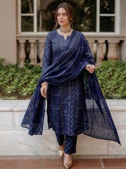 Gahan - Womens Blue Rayon Blend Printed Straight Kurta and Pant With Dupatta