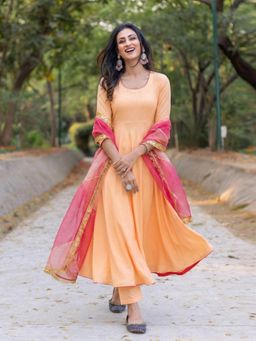 Gahan - Womens Peach Rayon Blend Solid Anarkali Kurta and Pant With Dupatta