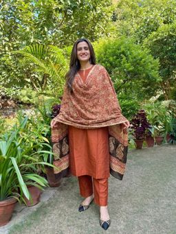Gahan - Womens Rust Polyester Solid Straight Kurta Pant With Dupatta and Pant