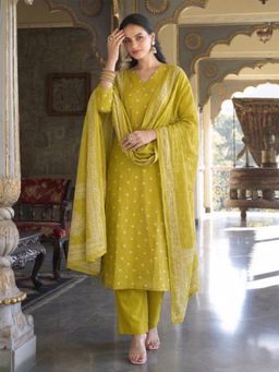Gahan - Womens Yellow Rayon Blend Printed Straight Kurta and Pant With Dupatta
