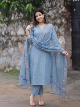 Gahan - Womens Sky Blue Poly Cotton Solid Straight Kurta Pant With Dupatta and Pant