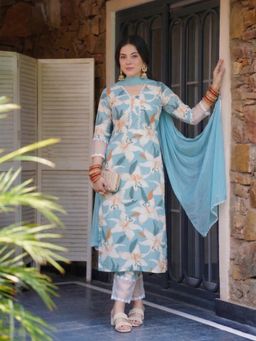 Gahan - Womens Sky Blue Rayon Blend Printed Straight Kurta and Pant With Dupatta